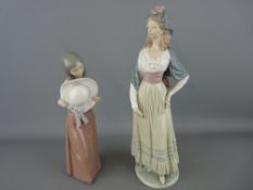 Two Lladro porcelain figurines of a slender lady in shawl and a young girl with bonnet