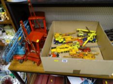 Good parcel of toy cranes including two Triang tinware and another and a box of Matchbox and Dinky