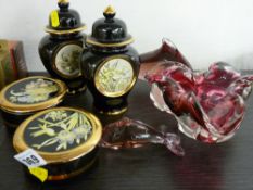 Four items of Chokin ware, a pink art glass bowl and model of a dolphin with youngster