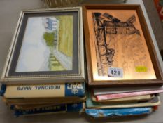 Collection of vintage and other folding touring maps, a small framed watercolour and a Titchmaster