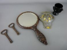 Embossed leather hand mirror, vintage AA car badge, two Pepsi Cola bottle openers and a French black