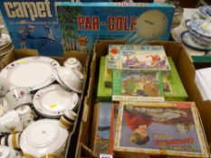 Box of vintage jigsaws and games including a Par-Golf by Ariel and a boxed carpet golf game