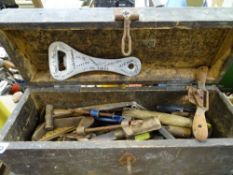 Vintage wooden toolbox containing quantity of hand tools including spoke shave etc