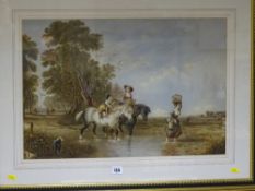 Framed unattributed coloured etching, classically styled busy scene of people and horses