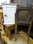 Painted pine single door wall hanging cabinet, stool and folding chair