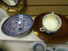 Circular art pottery bowl, wooden fruit bowl and two Masons Regency breakfast cups