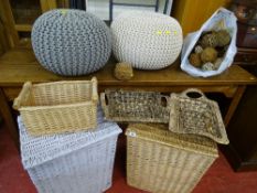 Grey painted wash basket, similar wicker basket with contents of woven tray, Hessian ball and pine