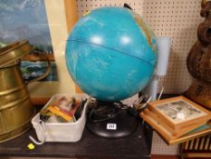 Terrestrial globe table lamp, small light blue table lamp, a parcel of door key security locks and a