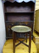 Two shelf bookcase with lower twin doors along with a small Benares brass occasional table