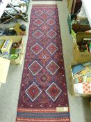 Meshwani carpet runner, blue and red ground multi-diamond pattern with triple bordered ends, 262 x