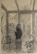 HARRY HOLLAND (b. 1941) pencil sketch - standing figure in a conservatory with plants, entitle