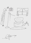STEPHEN K AMOS pen on paper - competent interior scene doodle, entitled 'Home Sweet Home', signed,