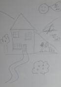ROMESH RANGANATHAN pen on paper - childlike house with figures and happy-sun, inscribed 'Rom Can't