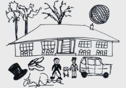 IAN WAITE pen on paper - house with figures and mirror-ball sun, entitled 'Living at Number 10 (from