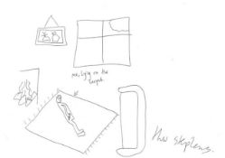 HUW STEPHENS pen on paper - figure lying on the floor about to be sawed in two by giant hand-saw,