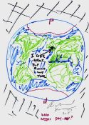 RICHARD HERRING pen on paper - coloured drawing of the world with flirtatious inscription 'I Live