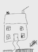 RICK ASTLEY pen on paper - lonely cat on top of naive house, signed, 29 x 20cms