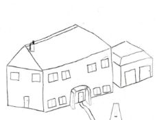 TOM SHANKLIN pen on paper - drawing of large house with important double garage, signed, 20 x