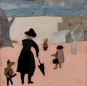BIM GIARDELLI (1917-2011) fabric collage, entitled 'Going to School', unsigned, 38.5 x 39.5cms