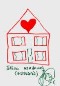 JASON MOHAMMAD pen on paper - red and green house with great big lovely heart in roof, signed, 29