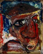 IWAN BALA (b.1956) mixed media - head portrait in cap, entitled 'The Old Storyteller', signed &