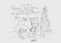 JIMMY OSMOND pen on paper - self-portrait opening presents beside the tree, entitled 'Let's
