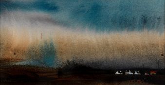 JOHN CLEAL (1927-2007) watercolour - landscape, entitled 'Cottages & Raincloud', signed, 9 x 16.