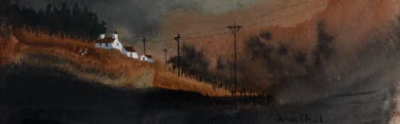 JOHN CLEAL (1927-2007) watercolour - lanscape entitled 'Cottages & Roadside', signed, 5 x 15.5cms