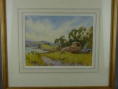 JOHN ABERNETHY LYNAS-GRAY watercolour - coastal scene near Beaumaris with two-wheeled caravan and