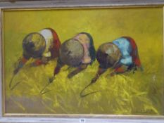 OIL ON CANVAS - three stooped crop gatherers in straw hats, indistinctly signed, dated '69, 59 x