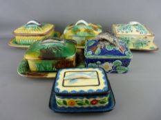 FIVE VICTORIAN MAJOLICA & A PAINTED JAPANESE POTTERY SARDINE DISHES, a colourful collections with