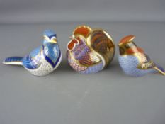 THREE ROYAL CROWN DERBY PAPERWEIGHTS, 'Farmyard Hen', gold stopper, 'Long Tailed Bird', gold stopper