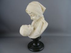 ATTRIBUTED TO EMILIO FIASCHI CARVED ALABASTER BUST of a young woman with child on a circular green