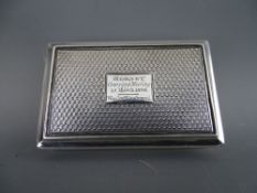 AN INTERESTING WILLIAM IV SILVER PRESENTATION GILT LINED SNUFF BOX, the lid having greyhounds within