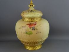 A LARGE ROYAL WORCESTER HAND PAINTED BLUSH IVORY POT POURRI JAR & COVER, reticulated crown cap cover