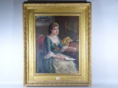 GEORGE WELLS oil on canvas - portrait of a seated elegant young lady at a dressing table with letter