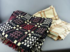 A TRADITIONAL WELSH WOOLLEN BLANKET & ONE OTHER, the former having repeating block pattern on red