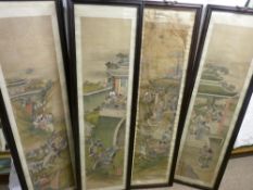 A SET OF FOUR EARLY 20th CENTURY HANDPAINTED SILK ORIENTAL STORY PANELS depicting nobles in