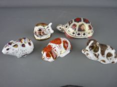 FIVE ROYAL CROWN DERBY PAPERWEIGHTS, 'Bank Vole', 'Scruff' and 'Puppy', all gold stoppers, 'Pig'