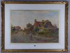 G BEDFORD watercolour - young girl with basket walking through a country village, signed, 34 x 52