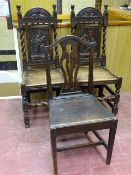 A PAIR OF VICTORIAN CARVED OAK HALL CHAIRS and an antique oak farmhouse chair, the hall chairs