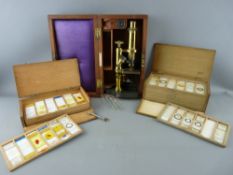 A 'HUSBANDS OF BRISTOL' LACQUERED BRASS MICROSCOPE in mahogany box with two boxed quantities of