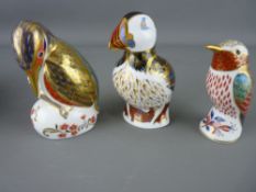 THREE ROYAL CROWN DERBY PAPERWEIGHTS, 'Puffin' numeral marked LX, a small humming type bird, both