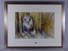 ANN FELLOWS mixed media - study of an alert ram by a tree, signed in full, 27.5 x 40 cms