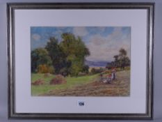 JOSIAH CLINTON JONES watercolour - Conwy Valley rural scene with figures resting in a hay field,