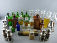 A COLLECTION OF CONTAINERED, GREEN & CLEAR GLASS CHEMIST'S BOTTLES (many with labels)