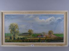 A K DRURY oil on board - peaceful rural landscape scene with farmstead and ploughed fields, signed