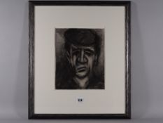 MIKE JONES charcoal - portrait of a farmer with cap, signed in full, 25 x 20 cms