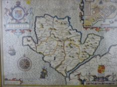 JOHN SPEED coloured and tinted map of Anglesey, Sudbury & Humble edition, glazed verso, 39 x 52 cms