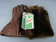 A PAIR OF FUR BACKED LEATHER OPEN CAR DRIVING GLOVES & AN INTERESTING BOOKLET BY C C WAKEFIELD &